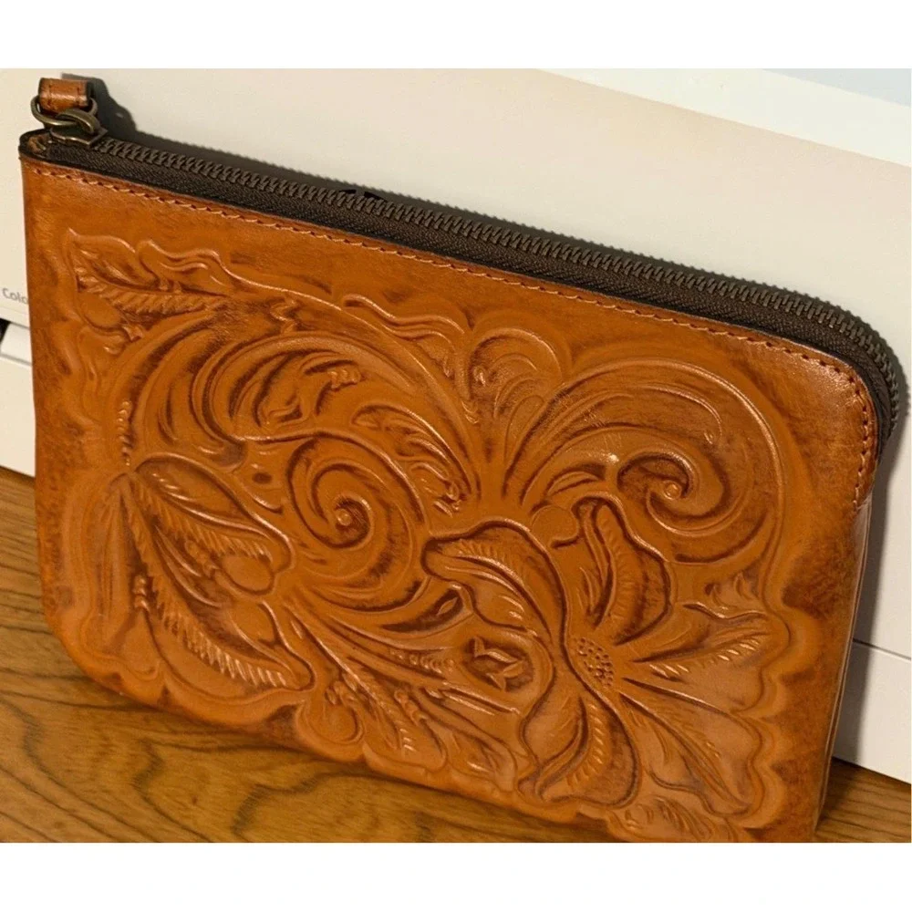 Patricia Nash leather zip wristlet pouch warm cognac tan embossed floral purse